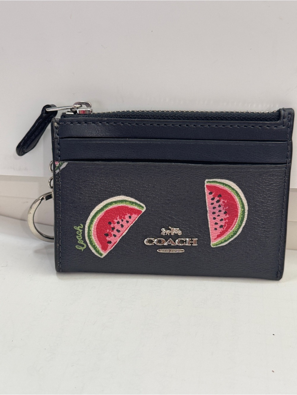 Coach Black Leather Card Holder with Watermelon Motif and Key Ring